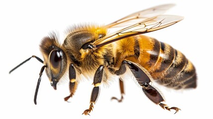 A detailed image of a honey bee in flight, isolated against a white background. The bee's intricate wings, segmented body, and fuzzy thorax are clearly visible, showcasing the beauty and detail of thi