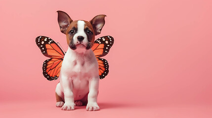 Cute puppy with butterfly wings looking at the camera.