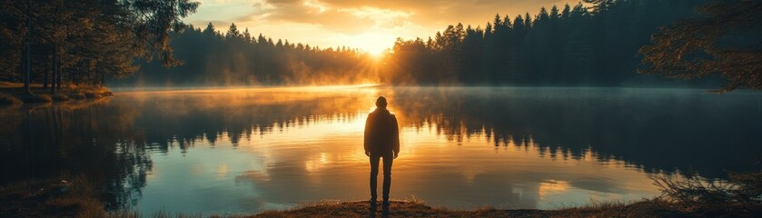 Fototapeta premium Serene Sunrise Over Misty Forest Lake with Silhouette of a Person Standing by the Water's Edge