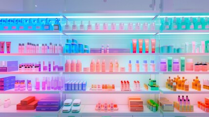 Fototapeta premium Shelves meticulously organized with pastel-colored beauty products under soft, diffused lighting evoking elegance.