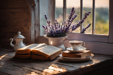 Still life with coffee, books and wild flowers