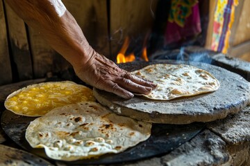 Cooking fresh tortillas over an open flame. Hand placed on a hot stone. Cultural tradition of homemade bread preparation. Artisan style and rustic charm. Generative AI