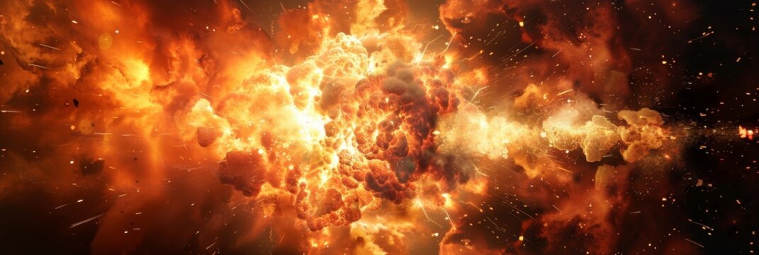 A dramatic and powerful explosion with fire, smoke, and particles. This image represents chaos, destruction, and the power of nature. It could also symbolize the release of energy, the beginning of so