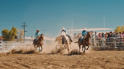 Cowboys compete fiercely in a high-energy rodeo event, their horses galloping through a dust-filled arena to the cheers of an enthusiastic crowd.