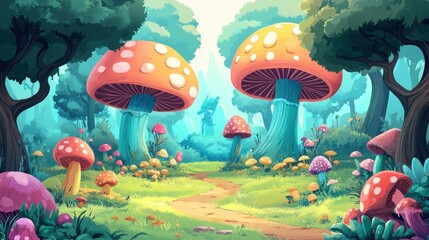 Enchanting Fantasy Forest with Giant Mushrooms and Winding Path Illustration.