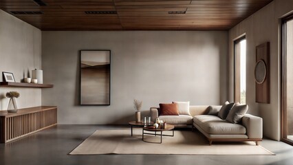 Fototapeta premium Minimalistic natural beige living room interior with beige sofa, potted plants and arched window. Soft natural light illuminates the space, casting light shadows on the walls.