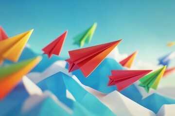 Colorful paper airplanes fly on a blue background