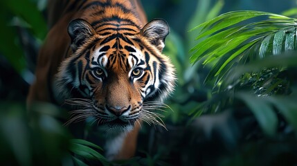 Fototapeta premium A tiger prowling through the jungle with focused intent