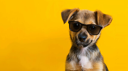 A cute puppy wearing sunglasses looking at the camera.