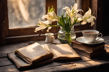 Still life with lilies, a cup of tea and books