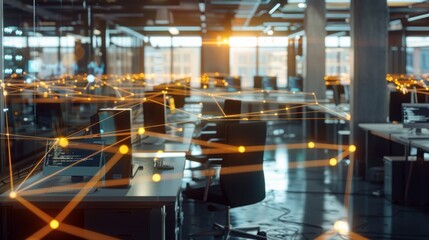 Fototapeta premium Modern office space, illuminated by warm, ambient lighting, interconnected with a digital network represented by glowing lines and nodes.