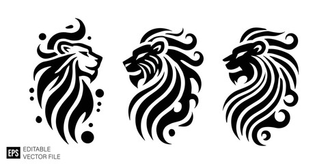 set of lion head graphic design vector clip art black and white silhouette templates