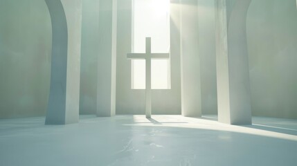 Naklejka premium A serene and minimalist chapel, bathed in soft light streaming through the windows, highlighting a single cross at its center.