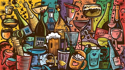 Obraz premium Set icons with wine champagne beer botlles, cups with drinks vector illustration