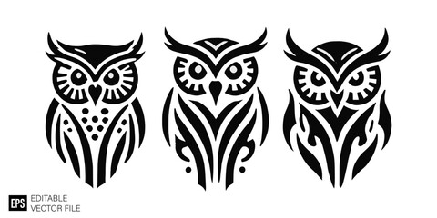 Fototapeta premium set of owl tribal tattoo graphic design vector clip art black and white silhouette templates