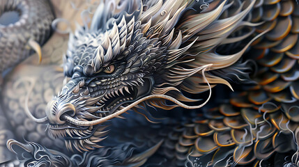 A close-up of a majestic, silver dragon with a fierce expression, its scales shining with gold.