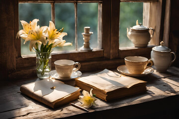 Still life of a moment of reading with a cup of tea on a sunny spring day