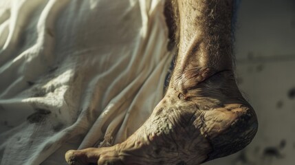 Close-up of an injured, dirty foot with visible wounds and scratches resting on a white sheet.
