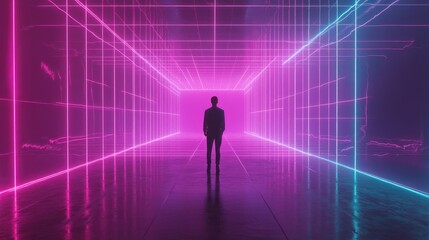 A neon grid with a central figure, creating a sense of depth,