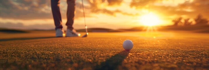 A golfer prepares to putt on a golf course bathed in the warm glow of a setting sun. The image captures the tranquility and beauty of the game played at twilight, symbolizing achievement, focus, and t