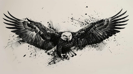 Black and white illustration of an eagle in flight with ink splatter effect.