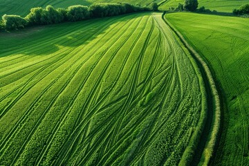 Fototapeta premium Vibrant green fields stretch endlessly. The flowing patterns create a sense of calm and beauty. Nature captures the eye with intricate lines and shades of green. Generative AI