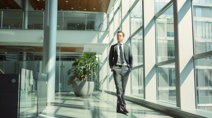 Fototapeta premium A confident businessman in a suit walks with hands in pockets through a sunlit modern office building with large glass windows.