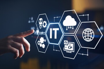 IT Solutions at Your Fingertips: A close-up shot of a hand interacting with a futuristic IT interface, showcasing cloud computing, data management, and global connectivity.