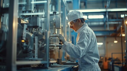 Naklejka premium Researcher in sterile lab environment, dressed in white coat and gloves, analyzes device with precision.