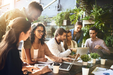 People, meeting or laptop at table for small business, budget planning or marketing strategy in restaurant. Startup, team or stats on documents for brainstorming, company finance growth or discussion