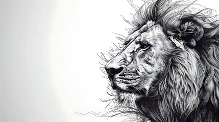 Obraz premium Black and white drawing of a lion's head with a mane blowing in the wind.