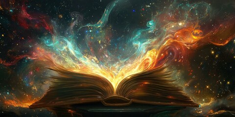 Open book glowing with cosmic energy.