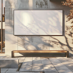 A white framed picture is on a wall next to a bench