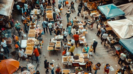 Overhead view of a bustling street market filled with colorful stalls, diverse goods, and a vibrant crowd, illustrating urban life and commerce.