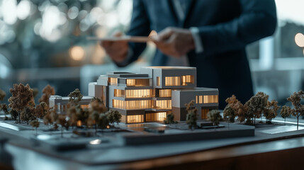 A Businessman with futuristic 3d render model of a city houses project on a table in a real estate agency business office