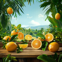 Tropical Orange Grove with Fresh Citrus Fruits on Wooden Table
