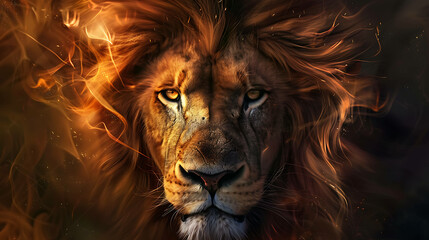 Fototapeta premium A powerful lion with a fiery mane stares intensely at the camera.