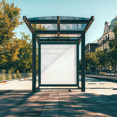 Contemporary Urban Bus Stop with Transparent Roof and Blank Ad Panel