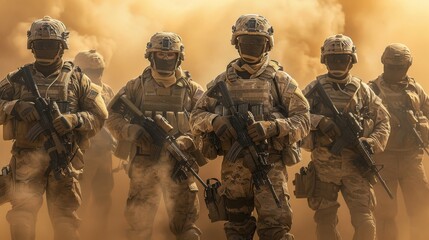 Fototapeta premium A group of modern soldiers, fully equipped with tactical gear and weapons, stand in a combat ready position amidst a cloud of dust and smoke. They represent military preparedness, strength, and the da