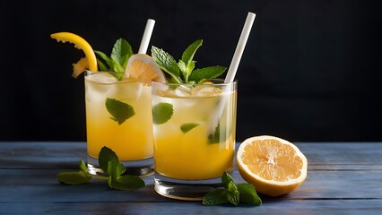 Close up view of summer fresh cocktails with mint and citrus pieces isolated on black