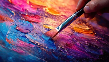 Obraz premium Artist with a paintbrush, creating a digital masterpiece on a holographic canvas, abstract, vibrant colors