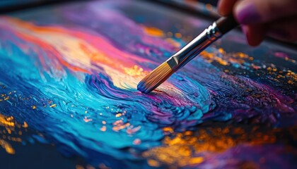 Fototapeta premium Artist with a paintbrush, creating a digital masterpiece on a holographic canvas, abstract, vibrant colors