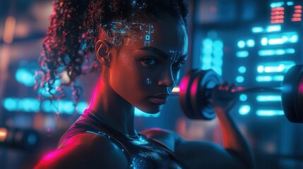 Athlete with dumbbells, in a high-tech gym with AR metrics, dynamic pose, neon lights, 3D rendering