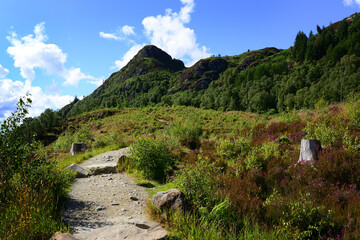 Fototapeta premium The path up Ben A'an, with the summit visible in the distance, in The Trossachs area of Scotland