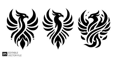 Naklejka premium set of phoenix tribal tattoo graphic design vector clip art black and white silhouette templates