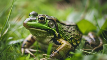 Obraz premium A close-up shot of a vibrant green frog sitting among lush grass, showcasing detailed textures and natural colors.