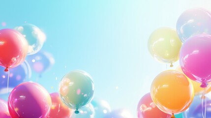 Colorful Balloons Floating in a Blue Sky with Confetti - Festive Birthday Party Background.