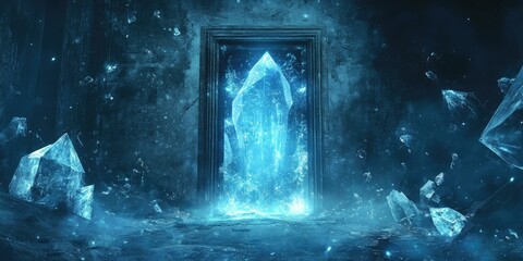 Fototapeta premium Glowing ice crystals surround a dark doorway.