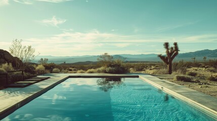 A pristine infinity pool overlooks a desert landscape with Joshua trees under a clear sky, creating a refreshing oasis amidst arid surroundings.