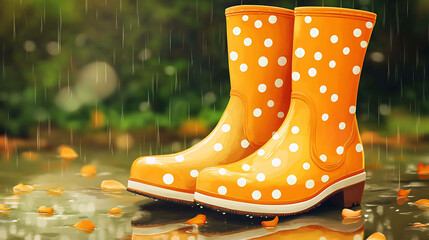 Pair of yellow polka dot rain boots sitting in a puddle on a rainy day.